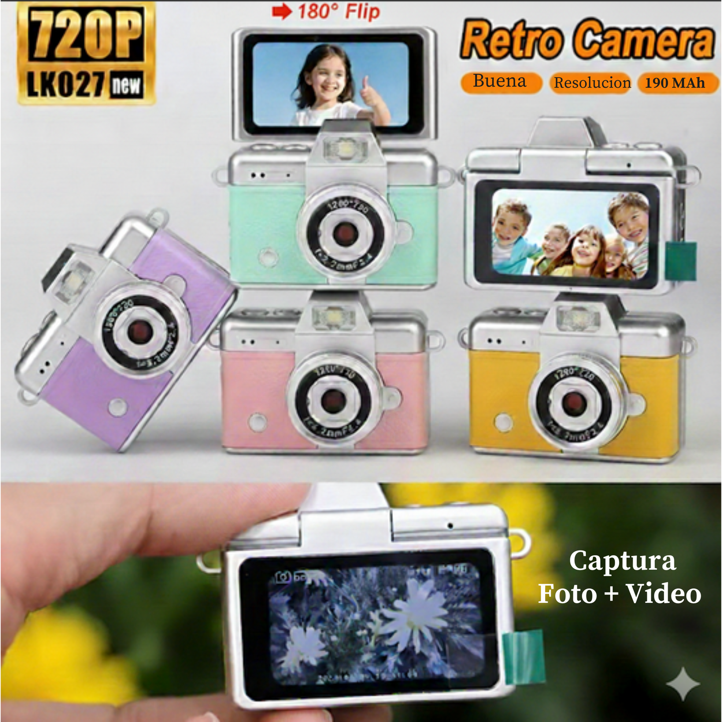 Mini Cámara Retro Pantalla 180° 1080p